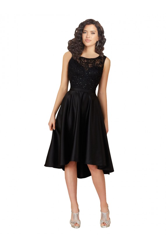 Meilleures Noir Trapèze Illusion midi Satiné Dentelle Courte Asymétrique Robes demoiselle d'honneur / Robes de cocktail