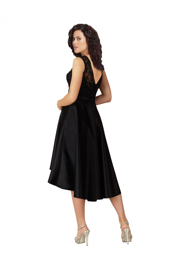 Meilleures Noir Trapèze Illusion midi Satiné Dentelle Courte Asymétrique Robes demoiselle d'honneur / Robes de cocktail