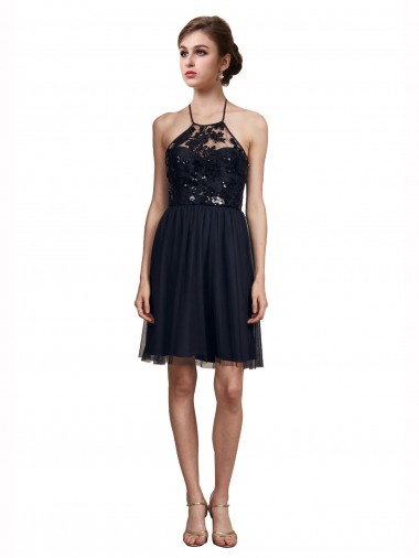 Meilleures Noir Trapèze Licou Tulle Courte Robes demoiselle d'honneur