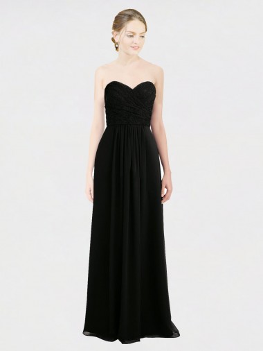 Meilleures Noir Trapèze Sans bretelle Mousseline Dentelle Longue Robes demoiselle d'honneur
