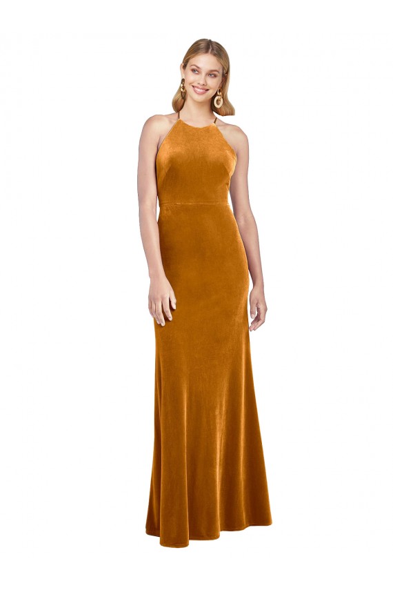 Meilleures Or Trapèze Licou Col Haut Velours Stretch Longue Formelles Robes demoiselle d'honneur / Robes de soirée / Robes de bal