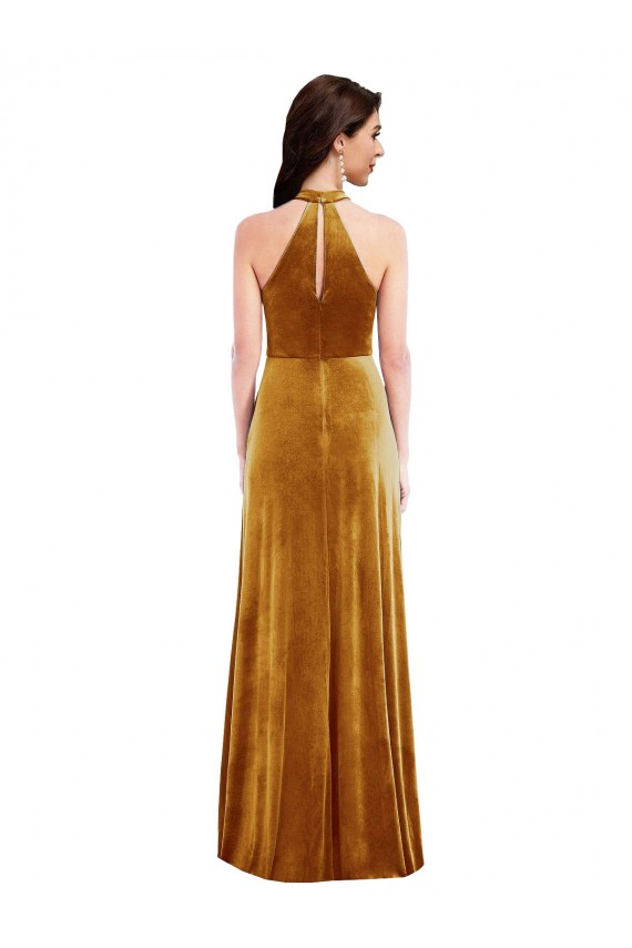 Meilleures Or Trompette Licou Col Haut Velours Stretch Longue Robes demoiselle d'honneur / Robes de bal