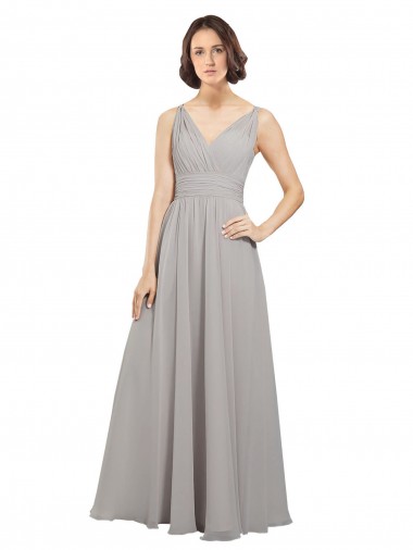 Meilleures Oyster Argent Trapèze Col V Mousseline Longue Robes demoiselle d'honneur