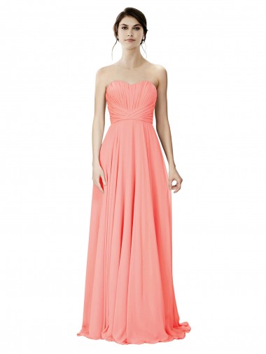 Meilleures Peach Trapèze Sans bretelle Mousseline Longue Robes demoiselle d'honneur