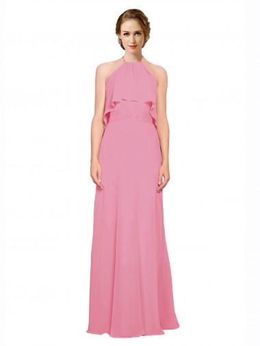 Meilleures Peau Rose Trapèze Licou Col Haut Mousseline Longue Robes demoiselle d'honneur