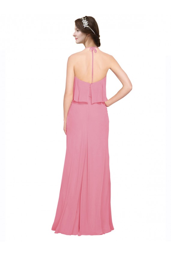 Meilleures Peau Rose Trapèze Licou Col Haut Mousseline Longue Robes demoiselle d'honneur