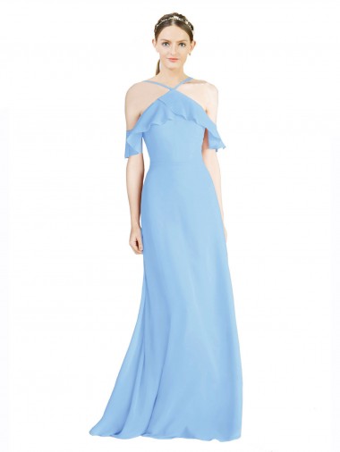 Meilleures Periwinkle Trapèze Licou Mousseline Longue Robes demoiselle d'honneur