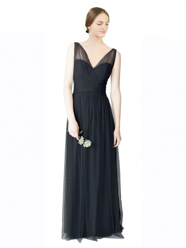 Meilleures Pewter Trapèze Col V Tulle Longue Robes demoiselle d'honneur