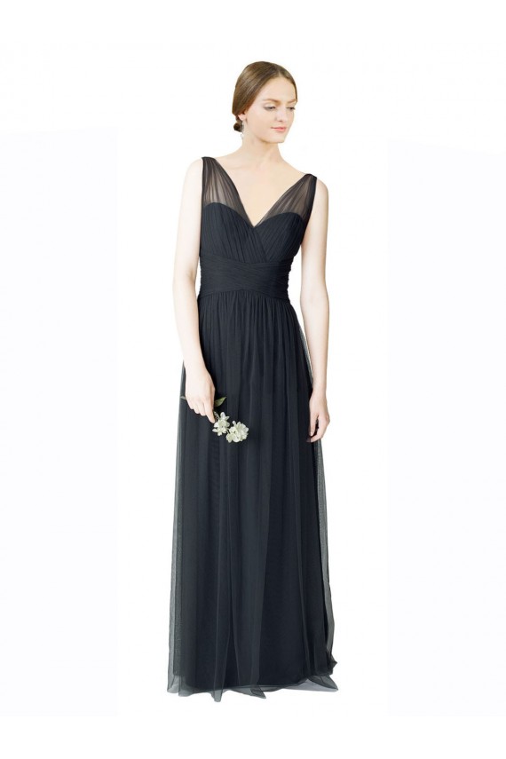 Meilleures Pewter Trapèze Col V Tulle Longue Robes demoiselle d'honneur