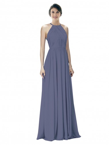 Meilleures Pierre d'argent Trapèze Licou Mousseline Longue Robes demoiselle d'honneur