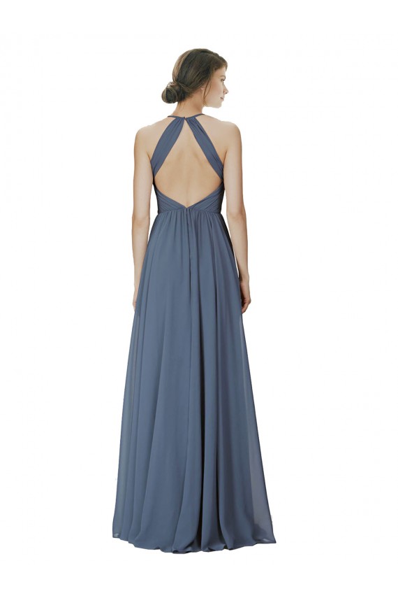 Meilleures Pierre d'argent Trapèze Licou Mousseline Longue Robes demoiselle d'honneur