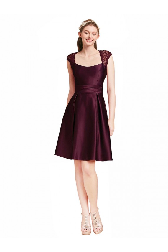Meilleures Pourpre Trapèze Col Carré Satiné Dentelle Courte Robes demoiselle d'honneur / Robes de cocktail