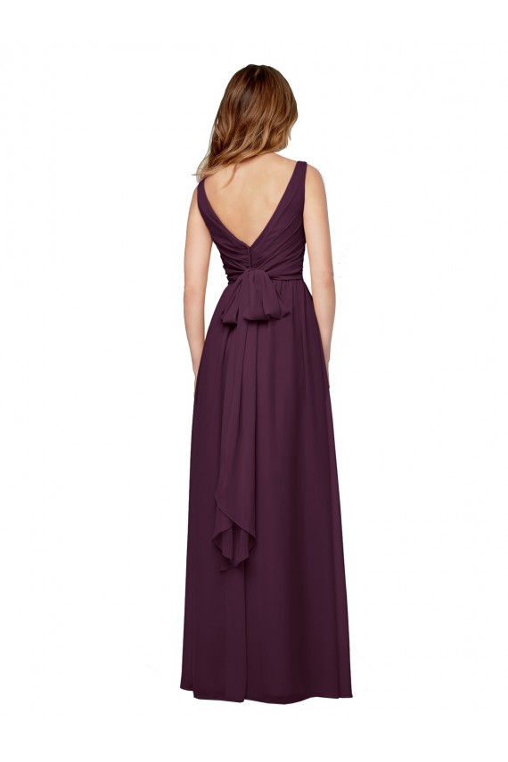 Meilleures Pourpre Trapèze Col V Mousseline Longue Robes demoiselle d'honneur