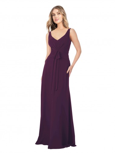 Meilleures Pourpre Trapèze Col V Mousseline Longue Robes demoiselle d'honneur