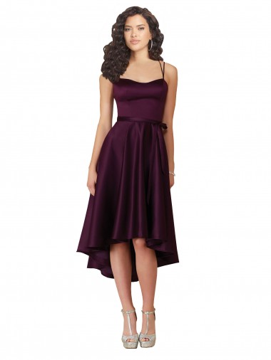 Meilleures Pourpre Trapèze Scoop Neck Satiné Courte Asymétrique Robes demoiselle d'honneur / Robes de bal
