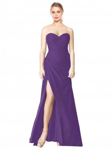 Meilleures Prune Trapèze Sans bretelle Mousseline Longue Robes demoiselle d'honneur