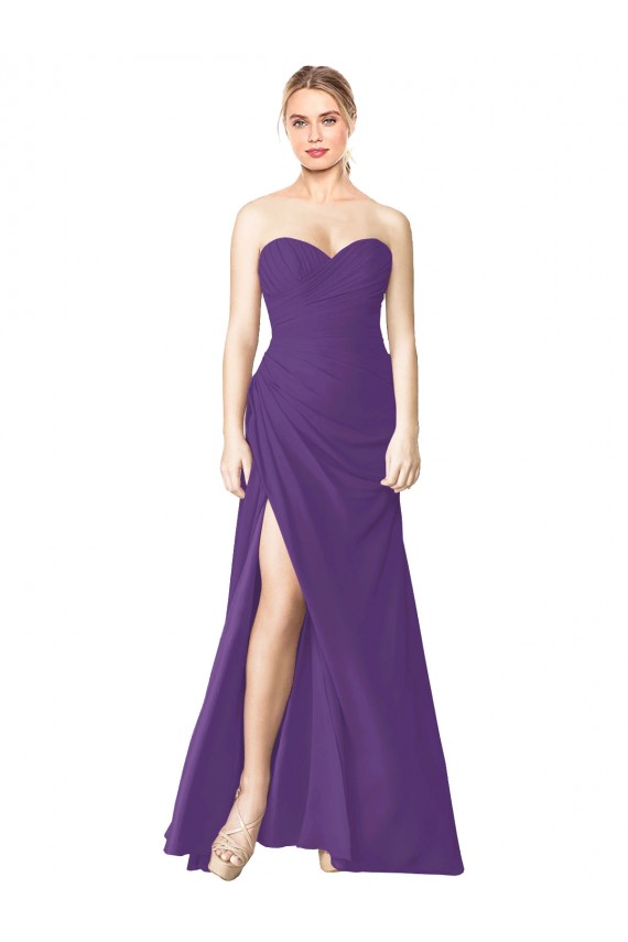Meilleures Prune Trapèze Sans bretelle Mousseline Longue Robes demoiselle d'honneur