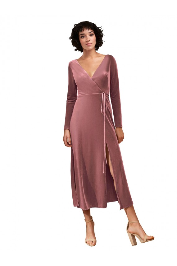 Meilleures Rose Cannelle Trapèze Col V midi Velours Stretch Courte Robes demoiselle d'honneur / Robes de bal