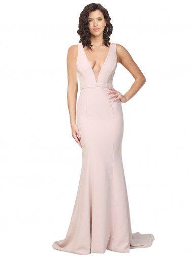 Meilleures Rose Fourreau Col V Balayage train Crêpe Stretch Longue Formelles Robes demoiselle d'honneur / Robes de soirée / Robes de bal