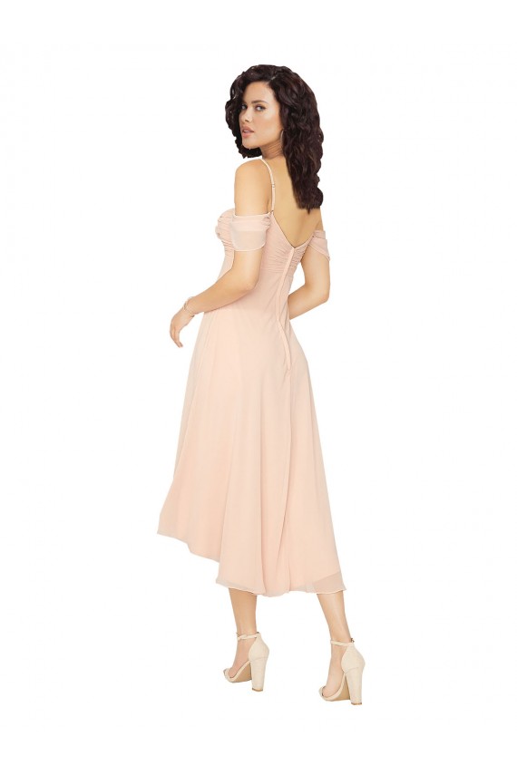Meilleures Rose Glacé Trapèze Col Carré midi Mousseline Courte Asymétrique Robes demoiselle d'honneur