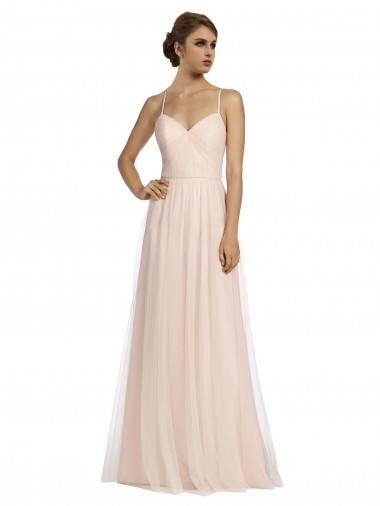 Meilleures Rose Trapèze Bretelles spaghetti Tulle Longue Robes demoiselle d'honneur