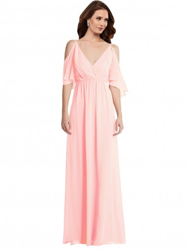 Meilleures Rose Trapèze Col V Mousseline Longue Robes demoiselle d'honneur