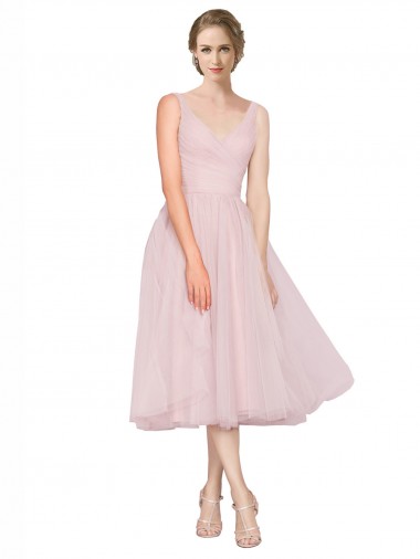 Meilleures Rose Trapèze Col V Tulle Courte Robes demoiselle d'honneur / Robes de cocktail