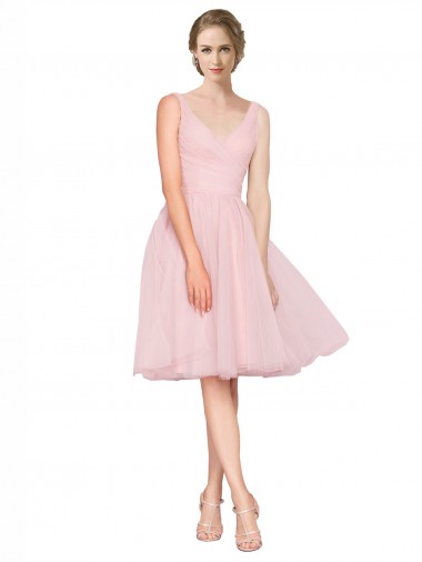 Meilleures Rose Trapèze Col V Tulle Courte Robes demoiselle d'honneur / Robes de cocktail