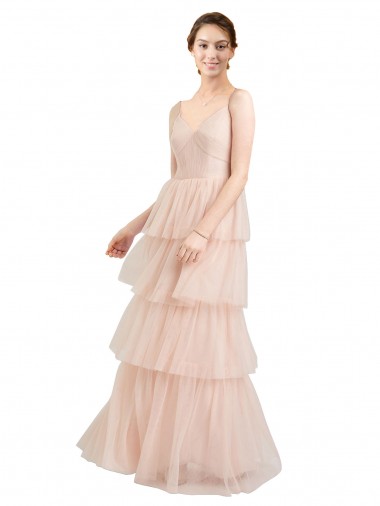 Meilleures Rose Trapèze Col V Tulle Longue Robes demoiselle d'honneur