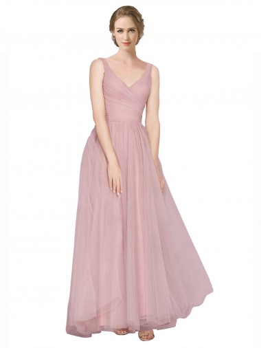 Meilleures Rose Trapèze Col V Tulle Longue Robes demoiselle d'honneur