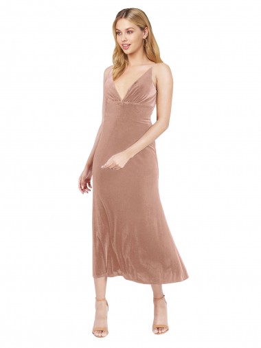 Meilleures Rose Trapèze Col V midi Velours Stretch Courte Robes demoiselle d'honneur / Robes de bal / Robes de cocktail
