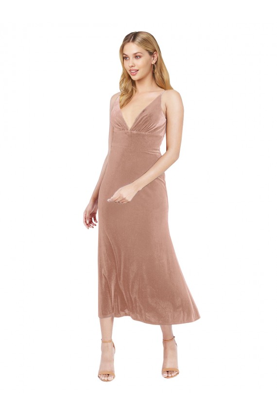 Meilleures Rose Trapèze Col V midi Velours Stretch Courte Robes demoiselle d'honneur / Robes de bal / Robes de cocktail