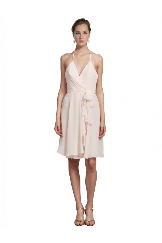 Meilleures Rose crème Trapèze Licou Col V Mousseline Courte Robes demoiselle d'honneur / Robes de cocktail