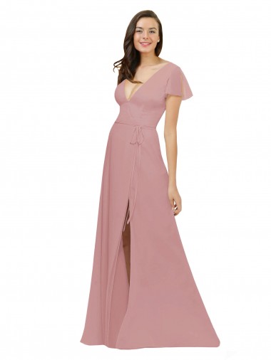Meilleures Rose poussiéreux Trapèze Col V Mousseline Longue Robes demoiselle d'honneur