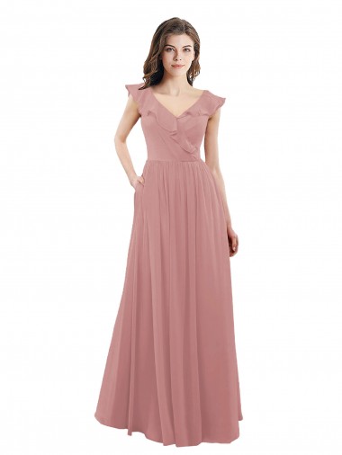 Meilleures Rose poussiéreux Trapèze Col V Mousseline Longue Robes demoiselle d'honneur