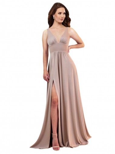 Meilleures Rose poussiéreux Trapèze Col V Spandex Longue Formelles Robes demoiselle d'honneur / Robes de soirée / Robes de bal
