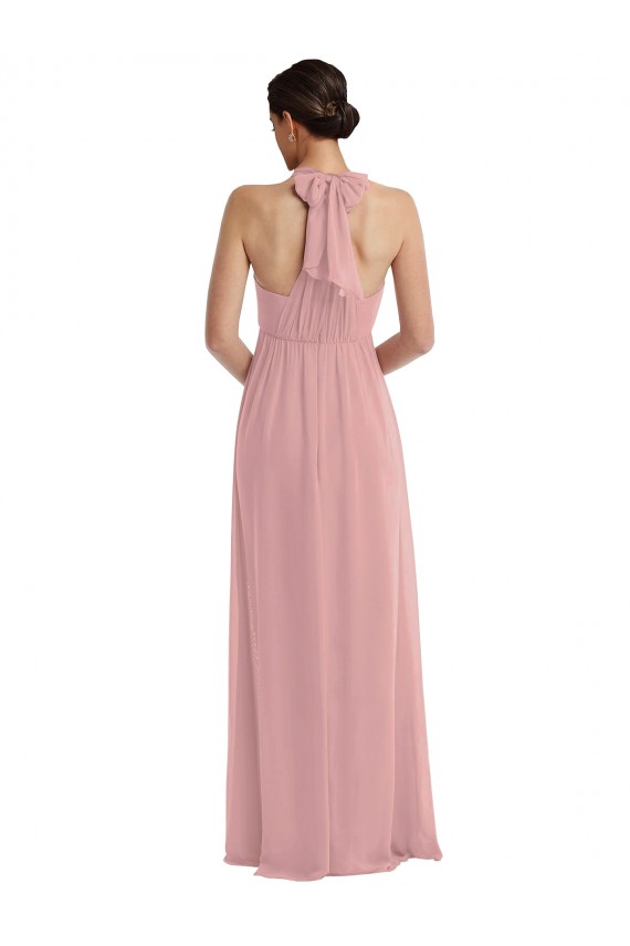 Meilleures Rose poussiéreux Trapèze Licou Mousseline Longue Robes demoiselle d'honneur