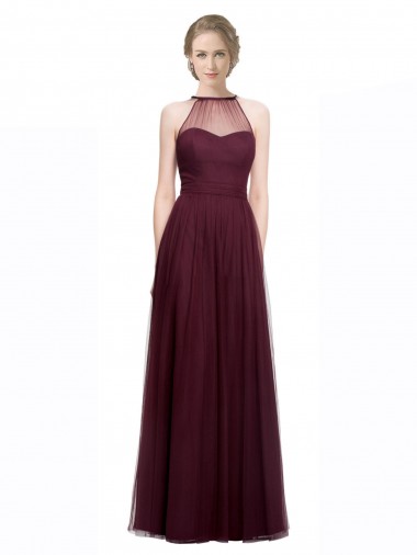 Meilleures Rouge 74 Trapèze Licou Illusion Tulle Longue Robes demoiselle d'honneur
