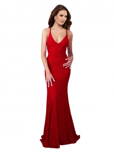 Meilleures Rouge Sirène Col V Dentelle Longue Formelles Robes demoiselle d'honneur / Robes de soirée / Robes de bal