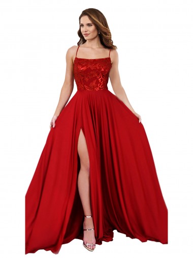 Meilleures Rouge Trapèze Bretelles spaghetti Col Carré Spandex Dentelle Longue Robes demoiselle d'honneur / Robes de bal