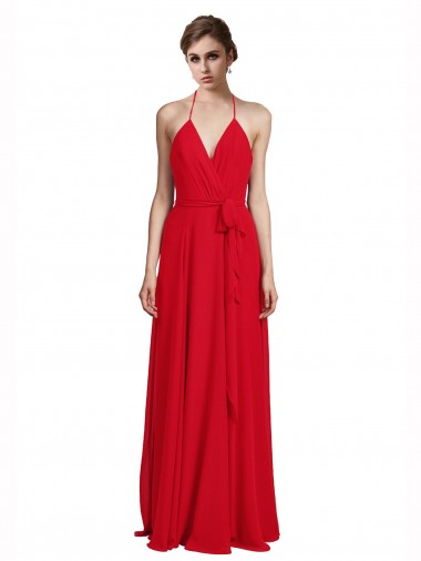 Meilleures Rouge Trapèze Bretelles spaghetti Col V Mousseline Longue Robes demoiselle d'honneur