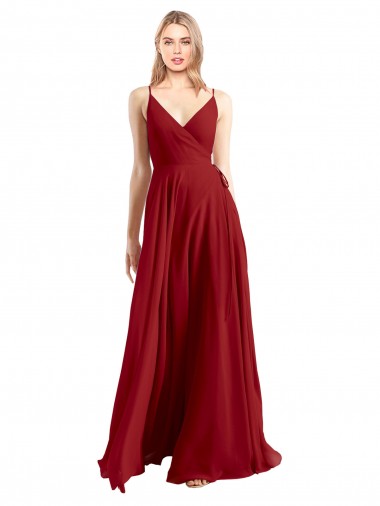 Meilleures Rouge Trapèze Bretelles spaghetti Col V Mousseline Longue Robes demoiselle d'honneur