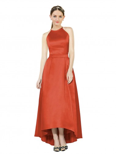Meilleures Rouge Épice Trapèze Licou Satiné Longue Asymétrique Robes demoiselle d'honneur