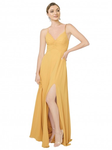 Meilleures Safran Trapèze Col V Mousseline Longue Robes demoiselle d'honneur