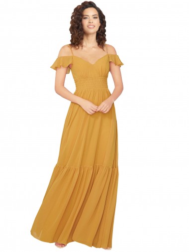 Meilleures Safran Trapèze Col V Mousseline Longue Robes demoiselle d'honneur