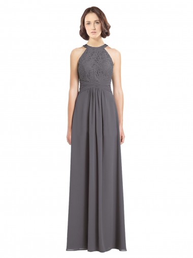 Meilleures Stormy Silver Trapèze Licou Mousseline Dentelle Longue Robes demoiselle d'honneur