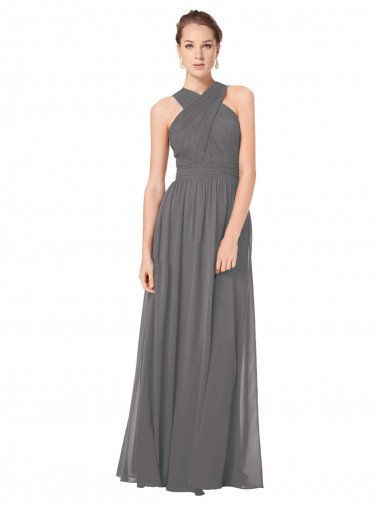 Meilleures Stormy Silver Trapèze Licou Mousseline Longue Robes demoiselle d'honneur