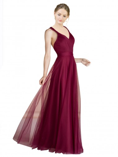 Meilleures Trapèze Col V Tulle Longue Robes demoiselle d'honneur