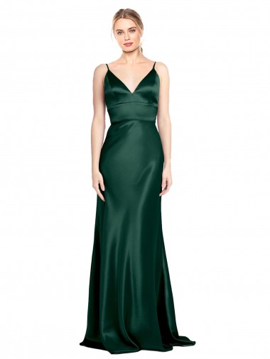 Meilleures Vert Chasseur Fourreau Bretelles spaghetti Col V Satiné Stretch Longue Formelles Robes demoiselle d'honneur / Robes de soirée / Robes de bal
