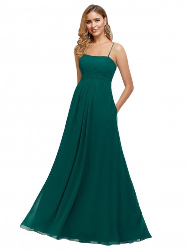 Meilleures Vert Chasseur Trapèze Bretelles spaghetti Col Carré Mousseline Longue Robes demoiselle d'honneur